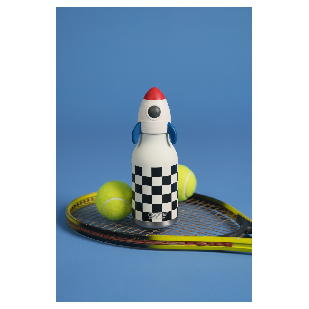 Rakieta - Butelka Termiczna 460 ml ze Słomką w Kształcie Rakiety - Bestie Bottle w Szachownicę - Asobu