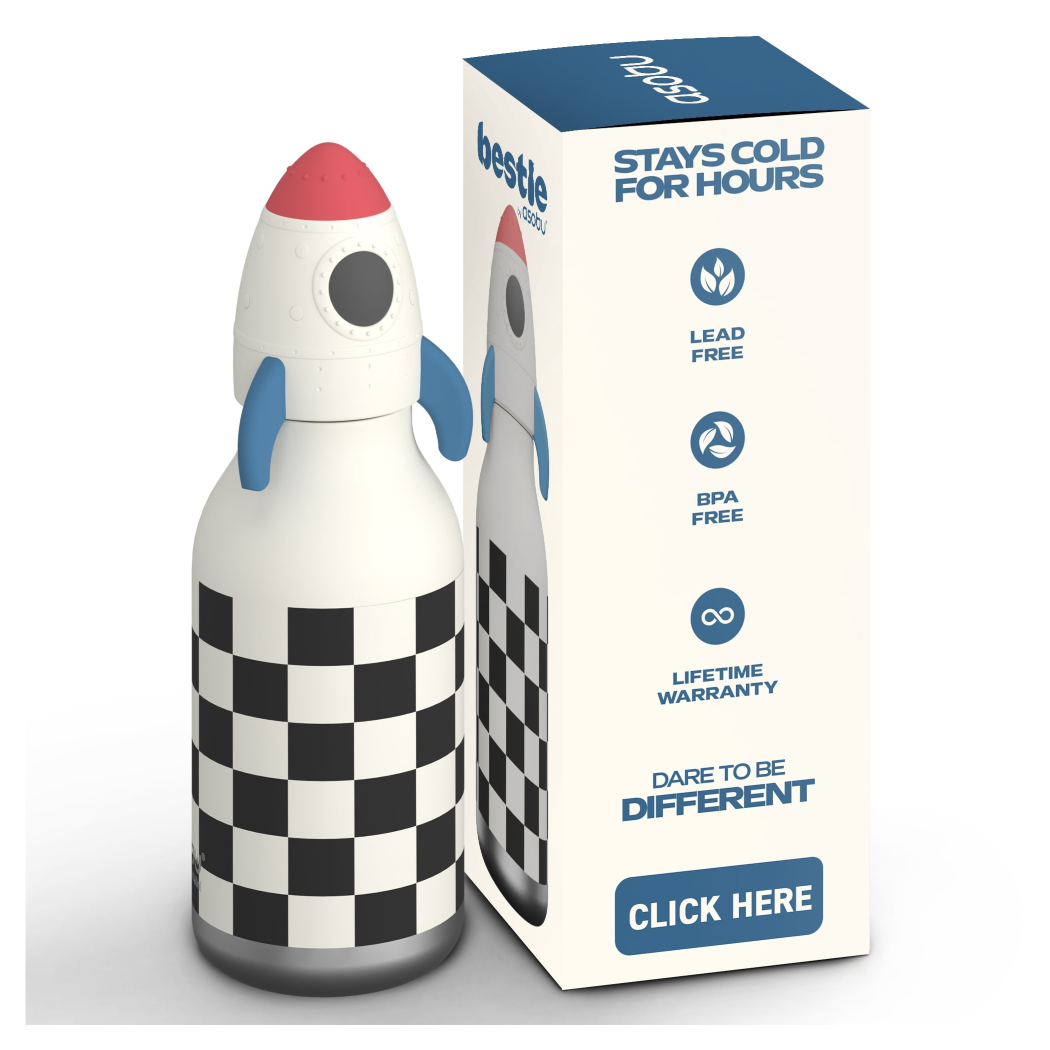Rakieta - Butelka Termiczna 460 ml ze Słomką w Kształcie Rakiety - Bestie Bottle w Szachownicę - Asobu