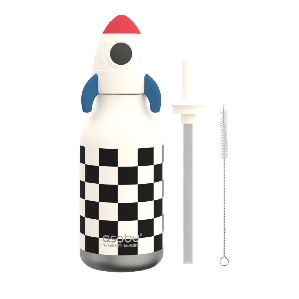 Rakieta - Butelka Termiczna 460 ml ze Słomką w Kształcie Rakiety - Bestie Bottle w Szachownicę - Asobu