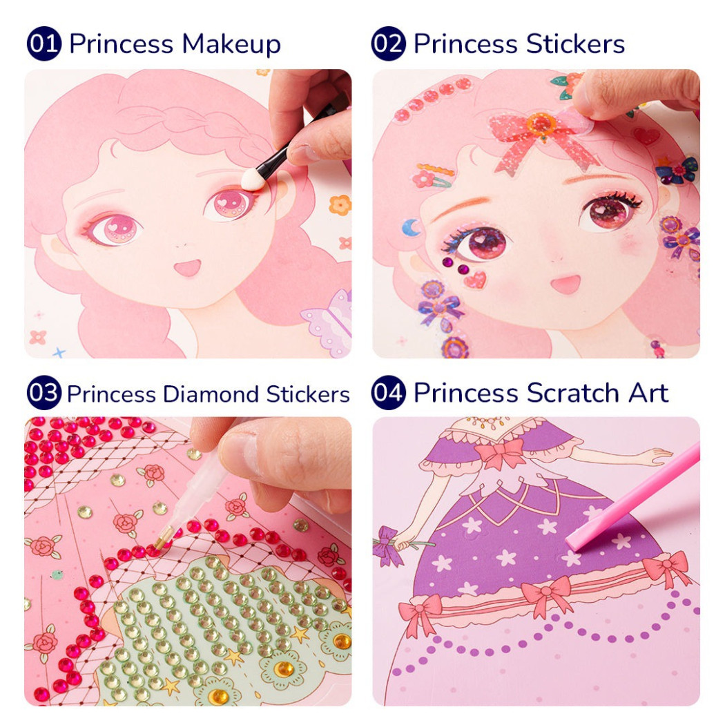 Pokaz Mody Księżniczek - Zestaw Kreatywny 3w1 - Wydrapywanki Naklejki Makijaż - Mideer