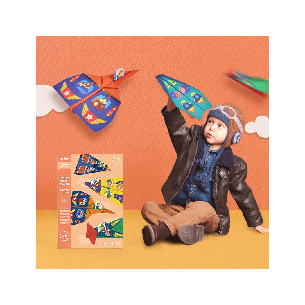 Samoloty Origami - Zestaw do Układania Samolotów z Papieru - 8 Modeli 36 Arkuszy Naklejki i Lotnisko - Mideer