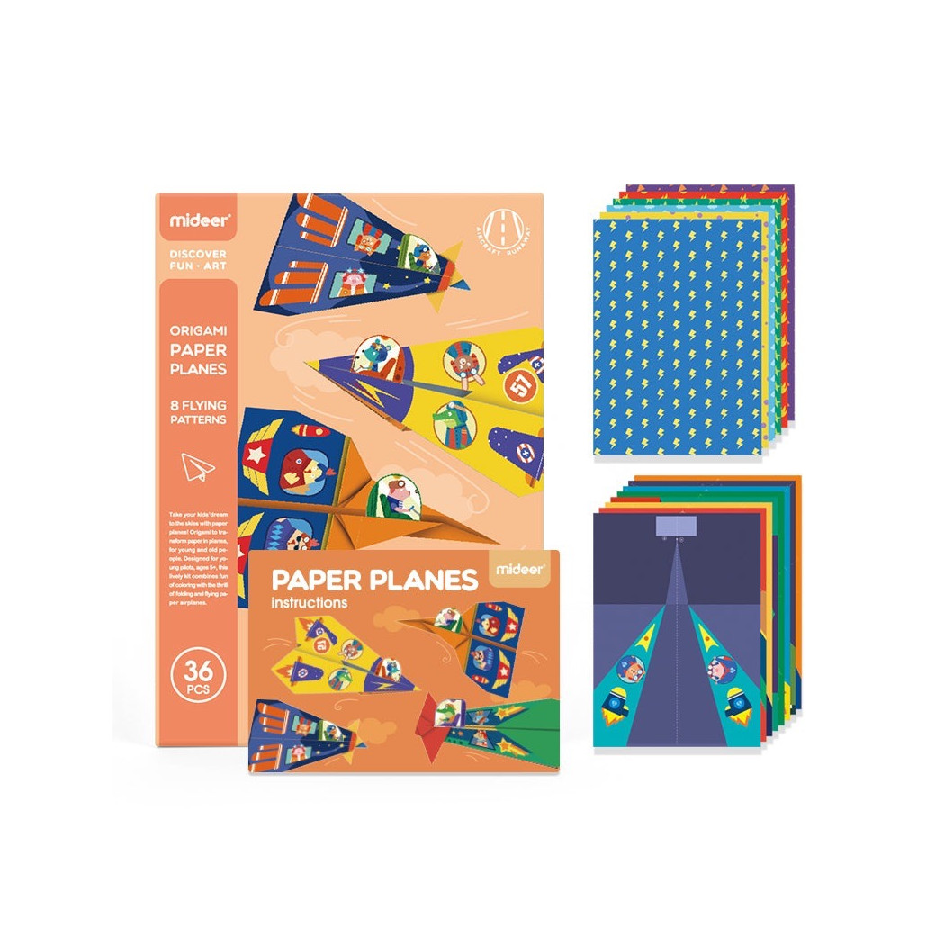 Samoloty Origami - Zestaw do Układania Samolotów z Papieru - 8 Modeli 36 Arkuszy Naklejki i Lotnisko - Mideer