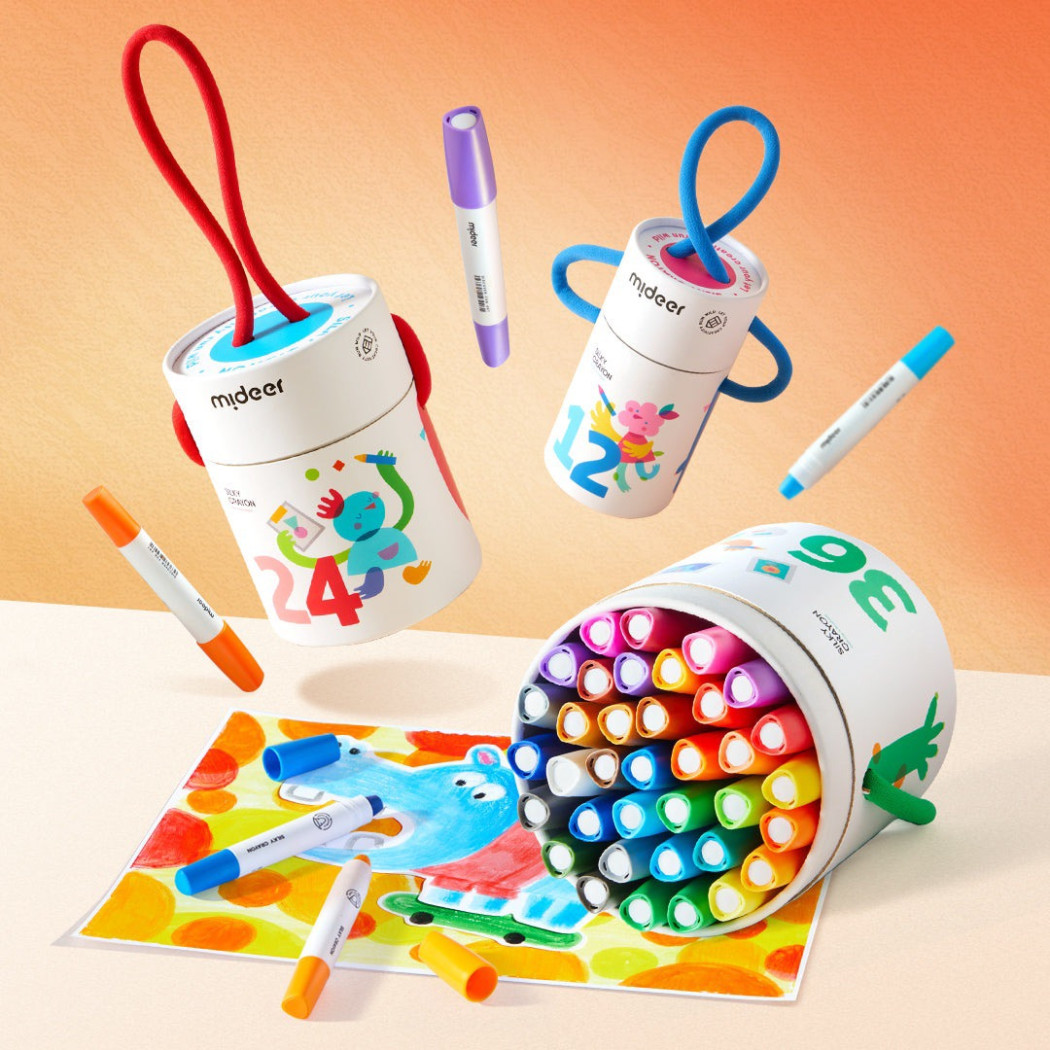 Jedwabiste Kredki - Wykręcane Zmywalne - 24 Kolory w Wiaderku z Uchwytem - Wymienne Wkłady - Mideer