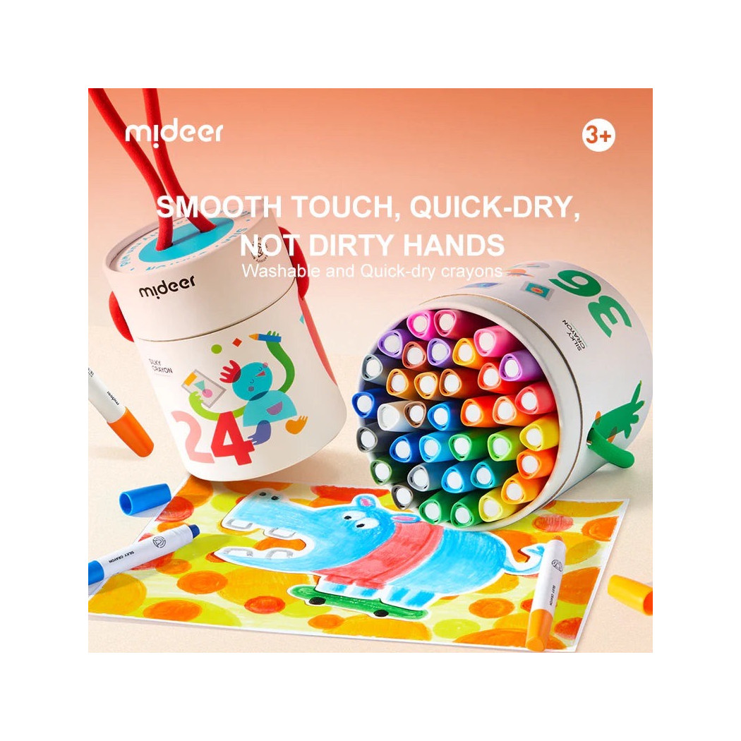 Jedwabiste Kredki - Wykręcane Zmywalne - 24 Kolory w Wiaderku z Uchwytem - Wymienne Wkłady - Mideer
