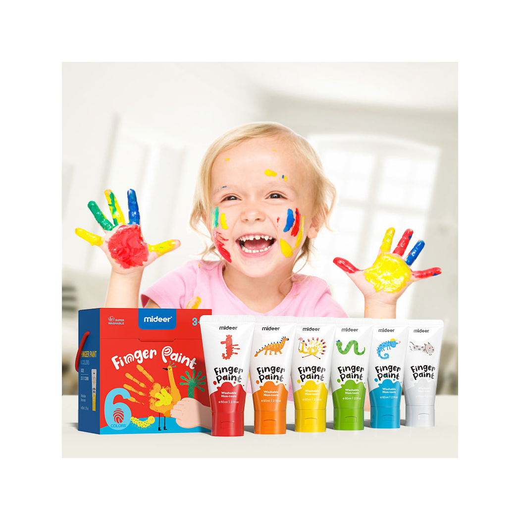 Farby do Malowania Palcami w Tubkach - 6 kolorów - Łatwo Zmywalne Wodą - Mideer