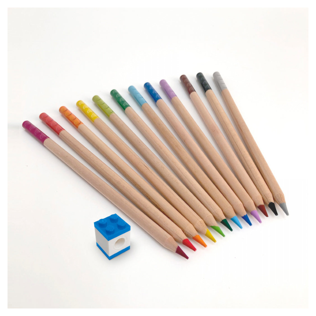 Kredki LEGO® z Klockiem Mocującym - 12 Kolorów - Drewniane Kredki Ołówkowe