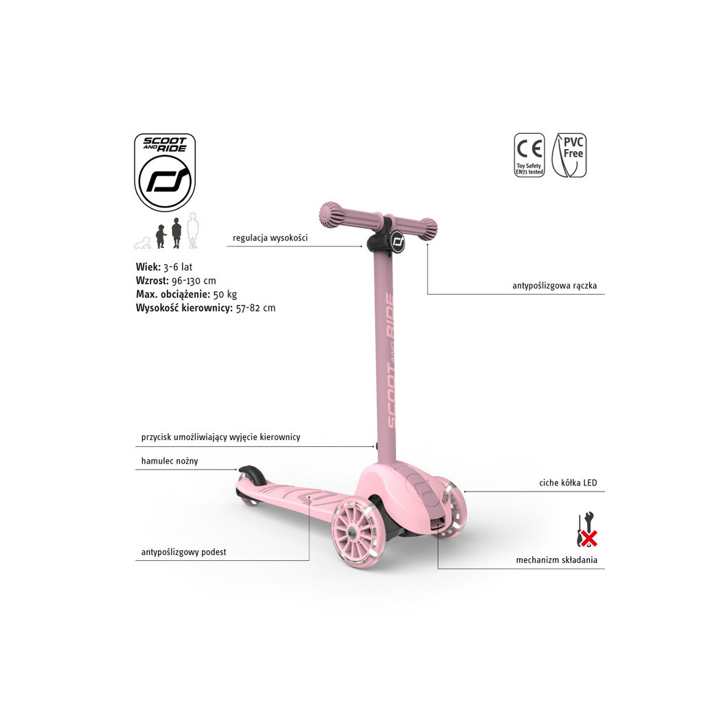 Rose 3S LED - Highwaykick3 - Regulowana Hulajnoga 3-7 lat - Świecące Skrętne Kółka - Scootandride