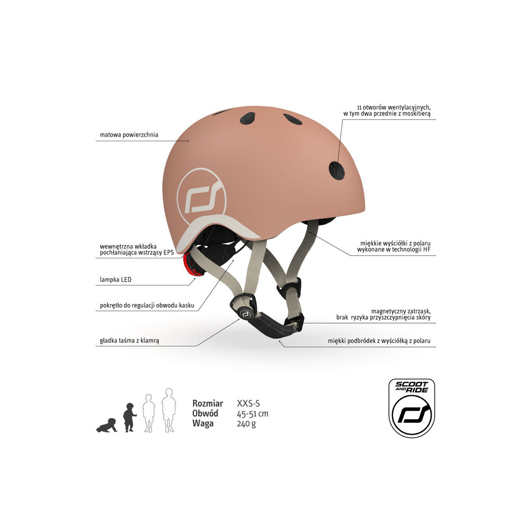 Mocha XXS-S - Ultralekki Regulowany Kask Dla Dzieci 1-5 lat (45-51 cm) - Tylna Lampka LED - Scootandride