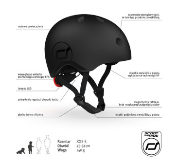 Black XXS-S - Ultralekki Regulowany Kask Dla Dzieci 1-5 lat (45-51 cm) - Tylna Lampka LED - Scootandride