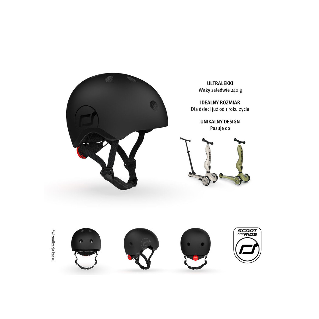 Black XXS-S - Ultralekki Regulowany Kask Dla Dzieci 1-5 lat (45-51 cm) - Tylna Lampka LED - Scootandride