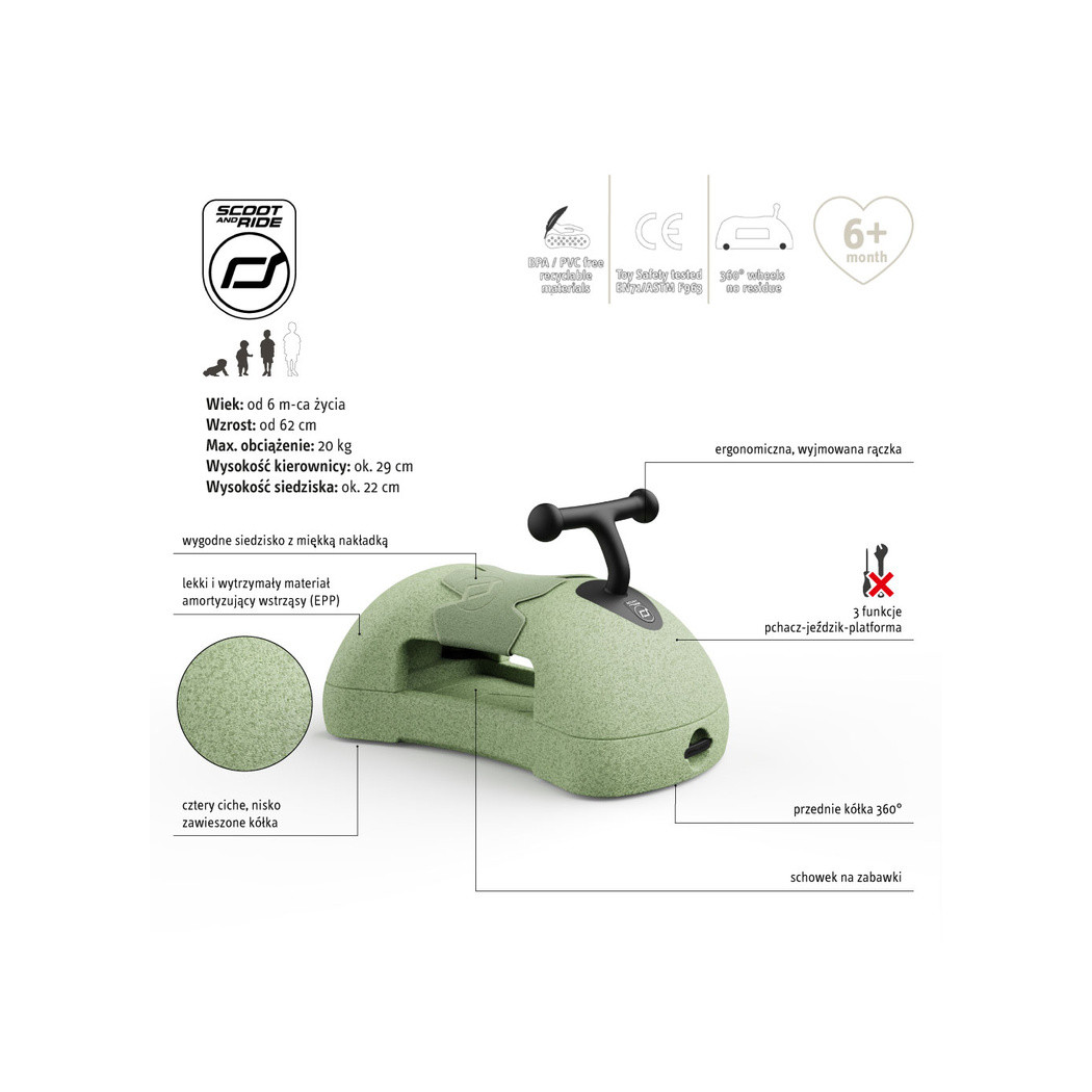 Olive My First - Pchacz Jeździk i Deska na Kółkach - 3w1 - 6m+ - Scootandride