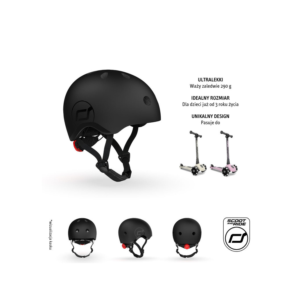 Black S-M - Ultralekki Regulowany Kask Dla Dzieci 3+ lat (51-55 cm) - Tylna Lampka LED - Scootandride