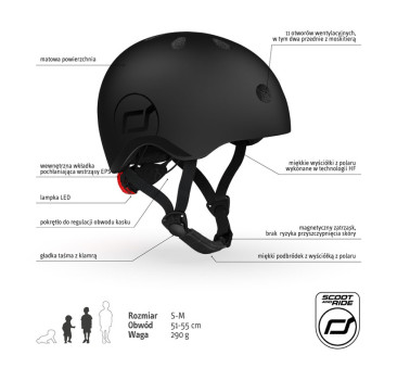 Black S-M - Ultralekki Regulowany Kask Dla Dzieci 3+ lat (51-55 cm) - Tylna Lampka LED - Scootandride