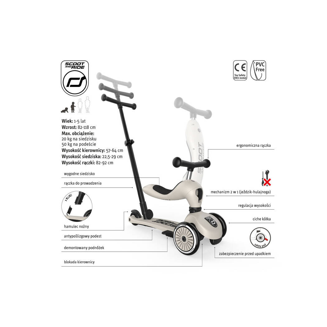 Ash Push & Go - Highwaykick1 2w1 - Jeździk i hulajnoga z Rączką do Prowadzenia 1-5 lat - Scootandride