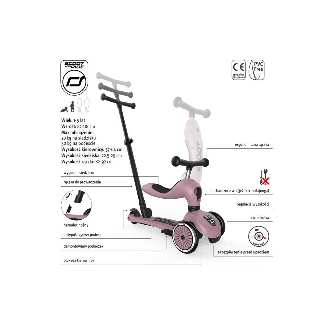 Wildberry Push & Go - Highwaykick1 2w1 - Jeździk i hulajnoga z Rączką do Prowadzenia 1-5 lat - Scootandride