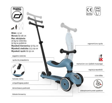 Steel Push & Go - Highwaykick1 2w1 - Jeździk i hulajnoga z Rączką do Prowadzenia 1-5 lat - Scootandride