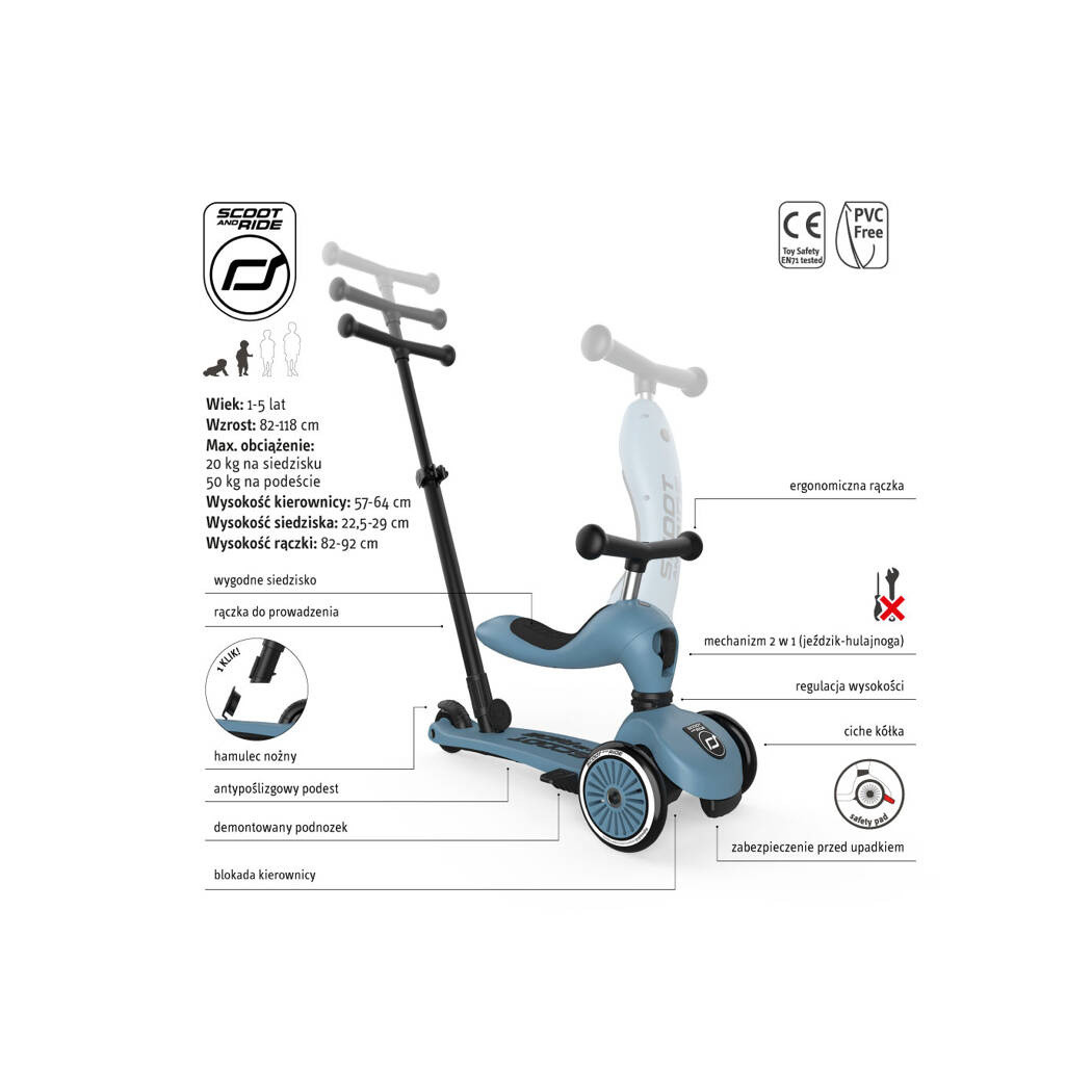 Steel Push & Go - Highwaykick1 2w1 - Jeździk i hulajnoga z Rączką do Prowadzenia 1-5 lat - Scootandride