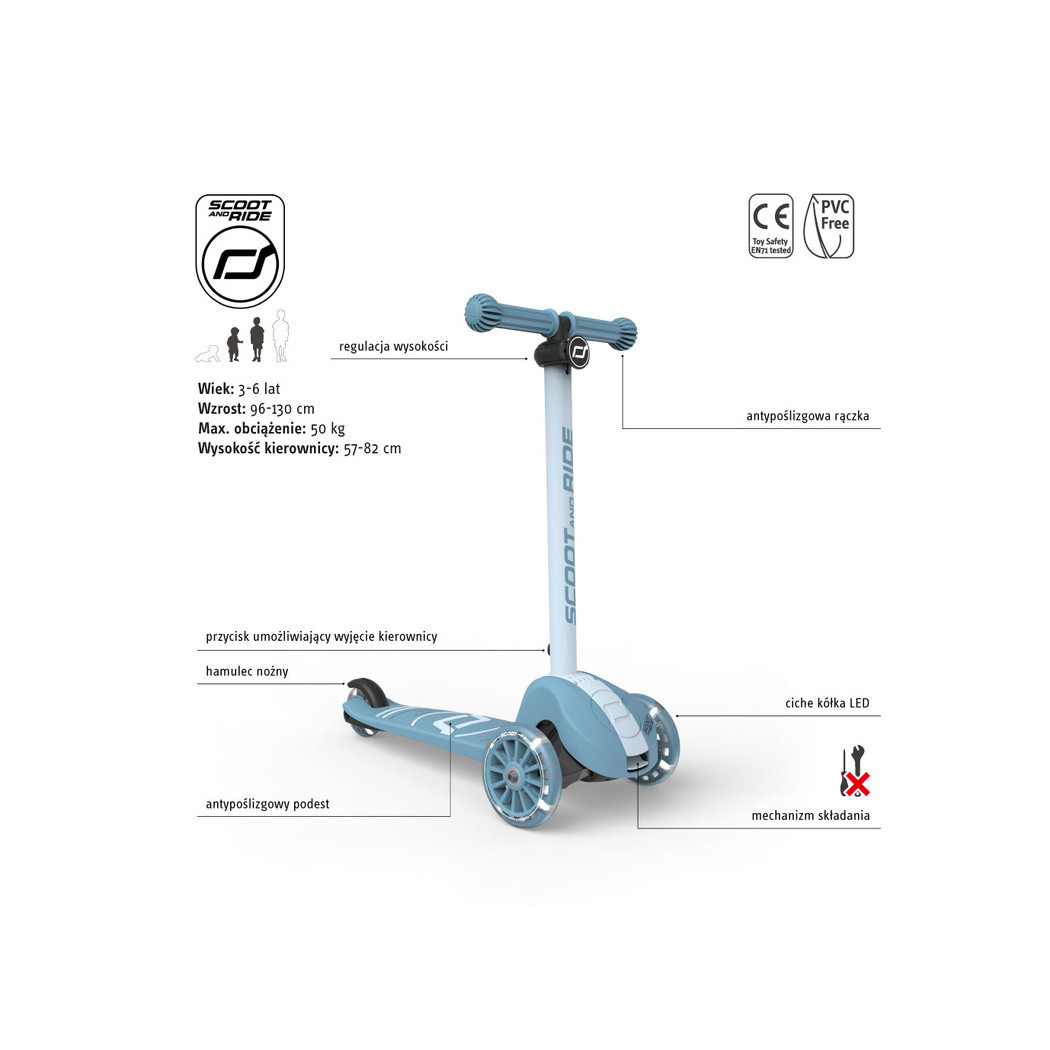 Steel 3S LED - Highwaykick3 - Regulowana Hulajnoga 3-7 lat - Świecące Skrętne Kółka - Scootandride