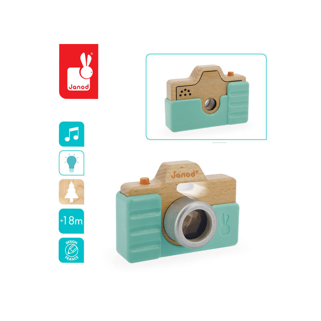 Aparat Fotograficzny - Drewniany z Lampą Błyskową i Dźwiękiem Migawki - Silikonowe Etui - Janod