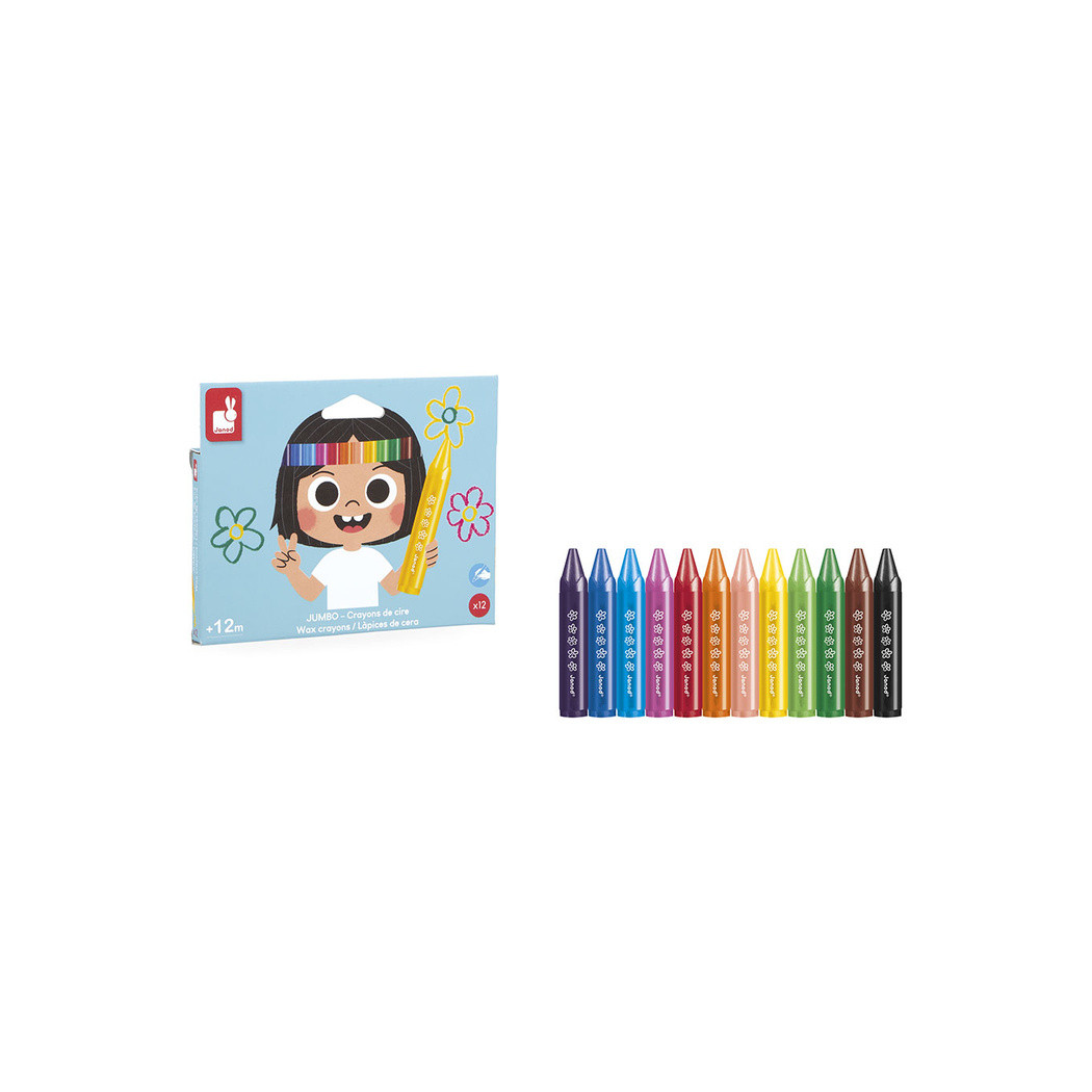 Kredki Woskowe - 12 Kolorów - Jumbo Świecowe Łatwy Chwyt - od 12 miesięcy - Janod