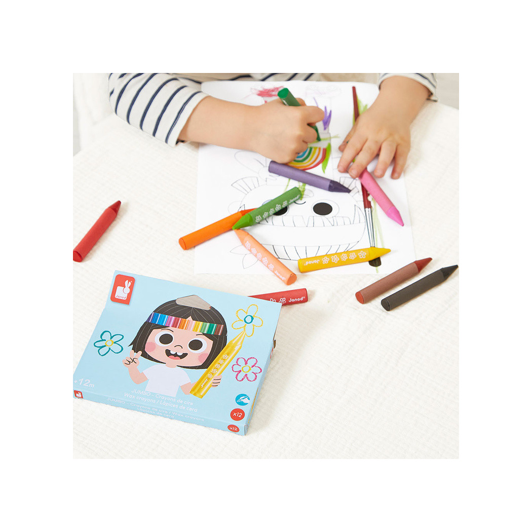 Kredki Woskowe - 12 Kolorów - Jumbo Świecowe Łatwy Chwyt - od 12 miesięcy - Janod