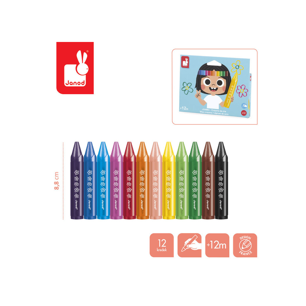 Kredki Woskowe - 12 Kolorów - Jumbo Świecowe Łatwy Chwyt - od 12 miesięcy - Janod