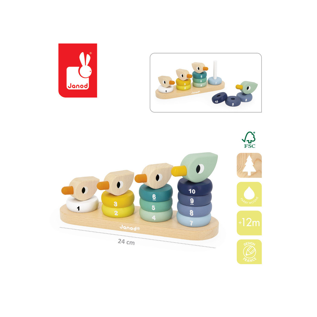 Kaczuszki - Układanka Drewniana Piramidka - Gra Konstrukcyjna Nauka Liczenia - Janod