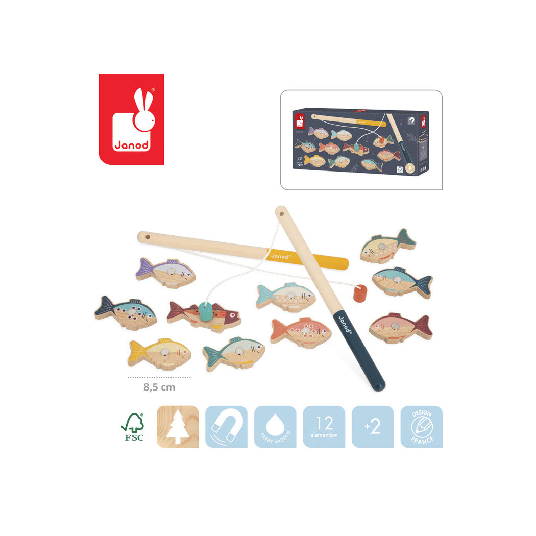 Łowienie Rybek - Gra Zręcznościowa - Magnetyczne Rybki i Wędki - 10 Ryb i 2 Wędki - Janod