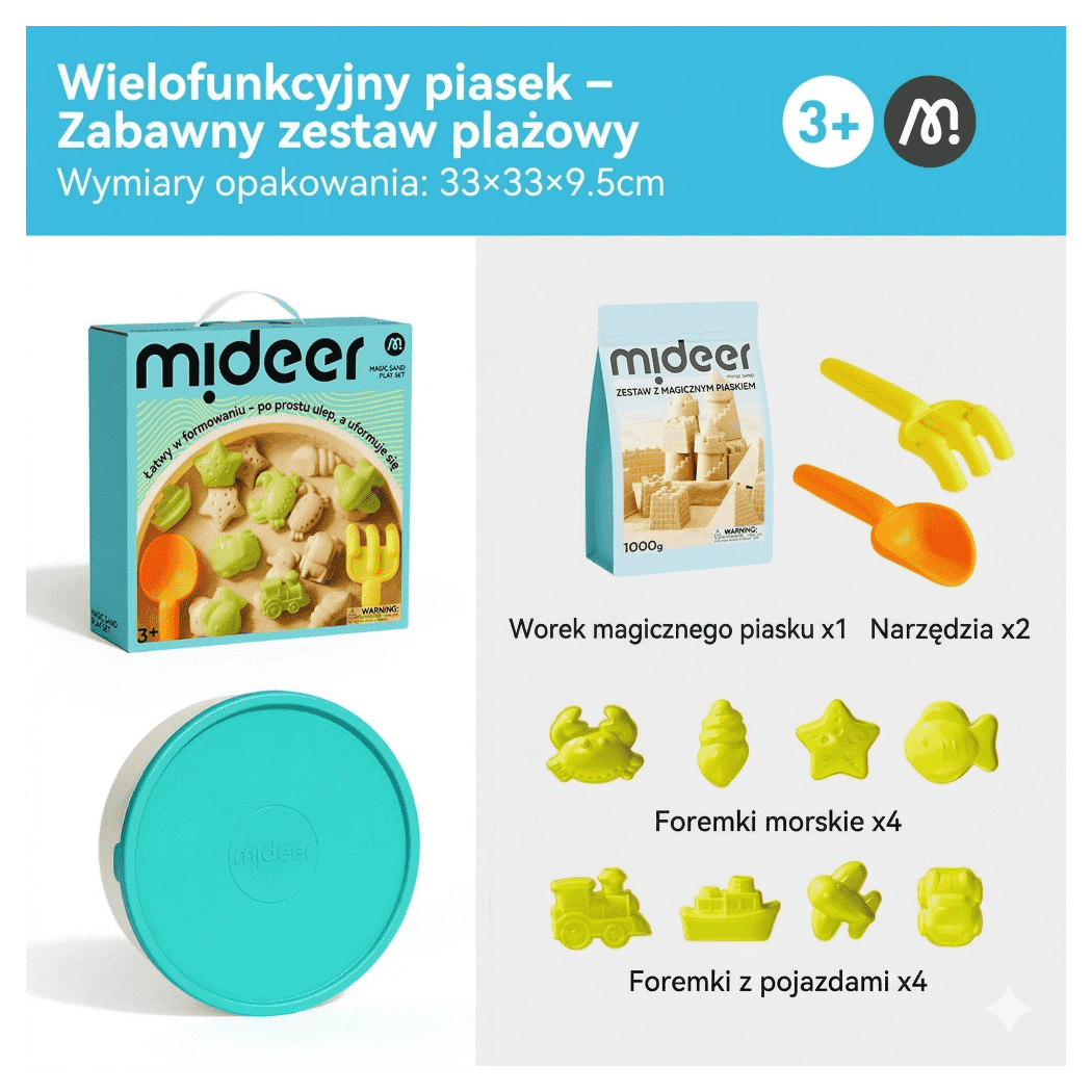 Magiczny Piasek - 1 kg Masy - 10 Zabawek - Pojemnik z Pokrywką - Mideer