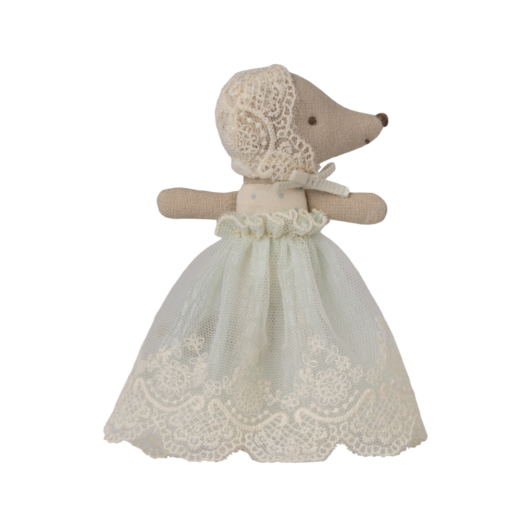 Myszka Dzidziuś w Miętowej Sukni i Koronkowym Czepku - Myszka Bobas Niemowlę - Baby Mouse - Maileg