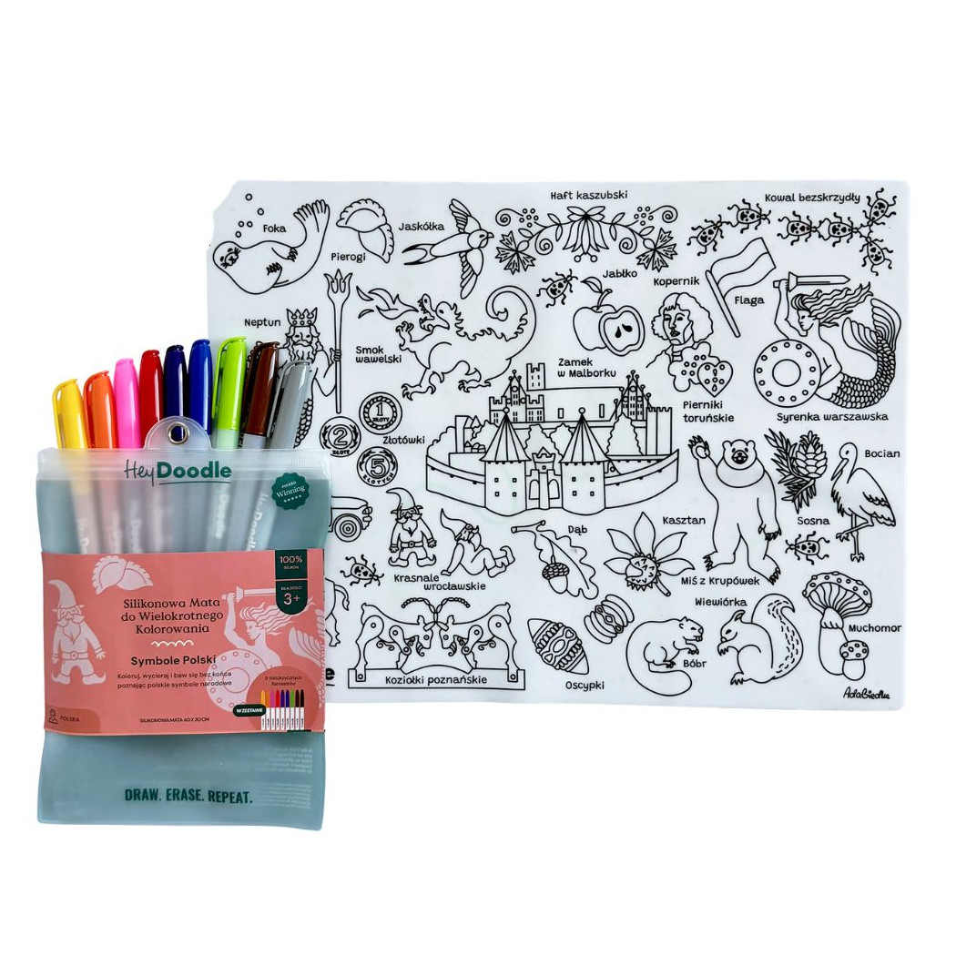 Symbole Polski - Duża Mata A3 do Wielokrotnego Kolorowania i 9 Pisaków - HeyDoodle