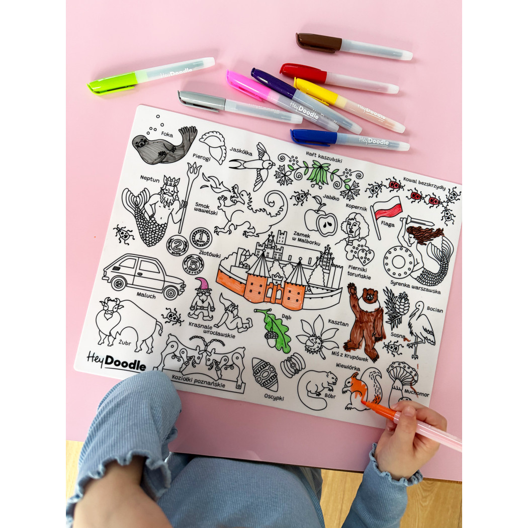 Symbole Polski - Duża Mata A3 do Wielokrotnego Kolorowania i 9 Pisaków - HeyDoodle