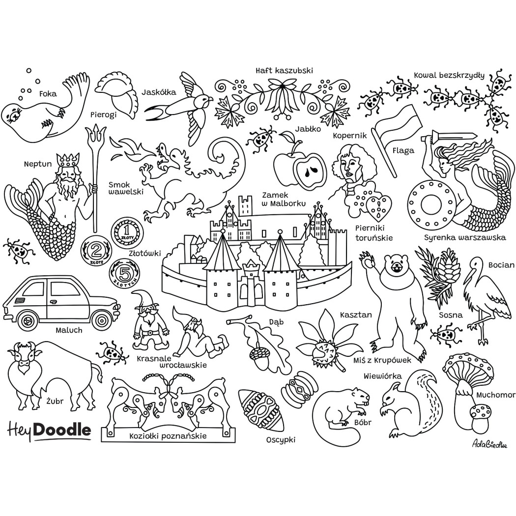 Symbole Polski - Duża Mata A3 do Wielokrotnego Kolorowania i 9 Pisaków - HeyDoodle