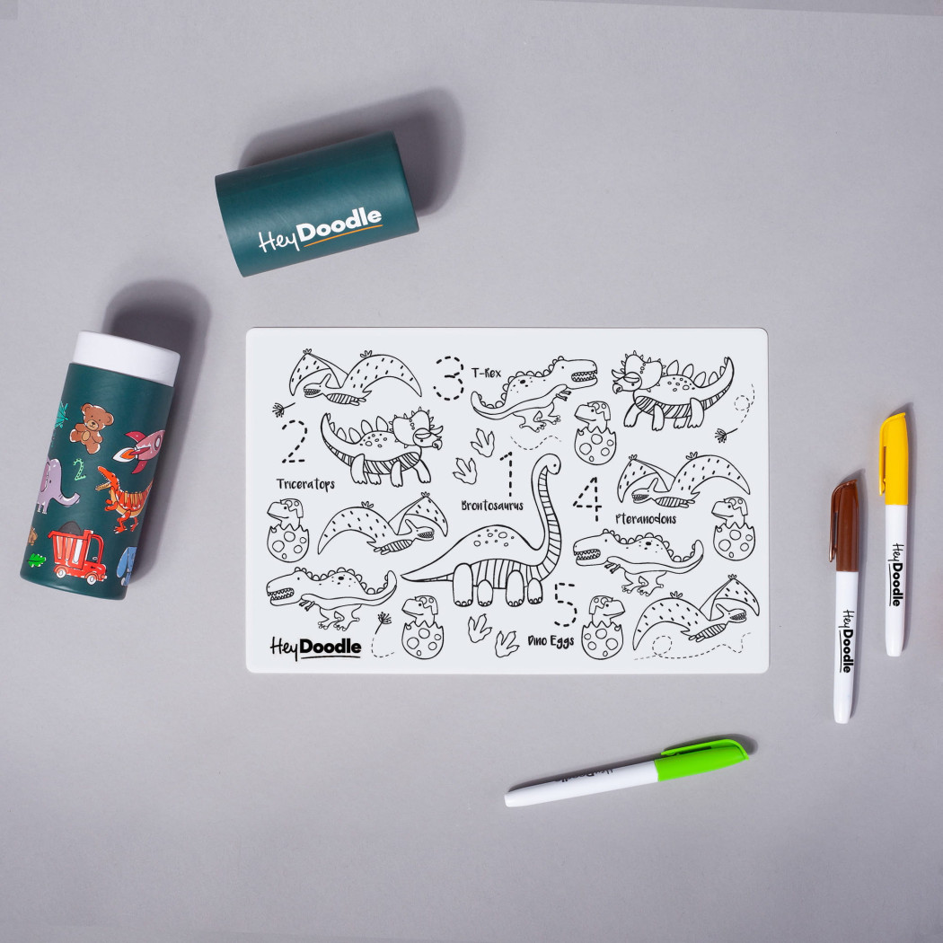 Dinozaury A4 - Mata do Wielokrotnego Kolorowania i 3 Pisaki - HeyDoodle