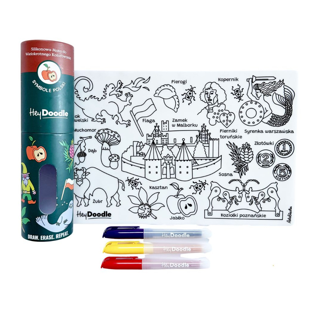 Symbole Polski A4 - Mata do Wielokrotnego Kolorowania i 3 Pisaki - HeyDoodle