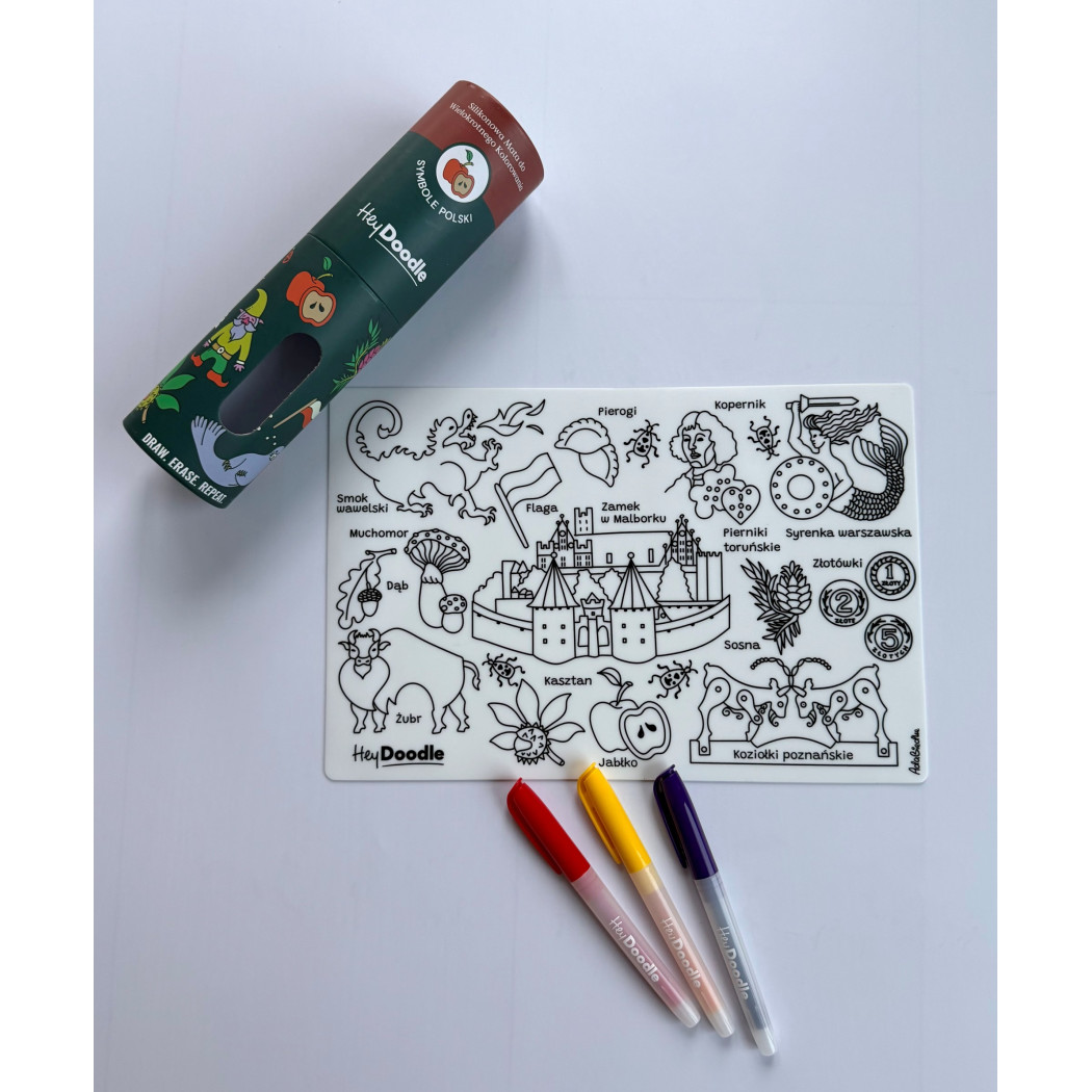 Symbole Polski A4 - Mata do Wielokrotnego Kolorowania i 3 Pisaki - HeyDoodle