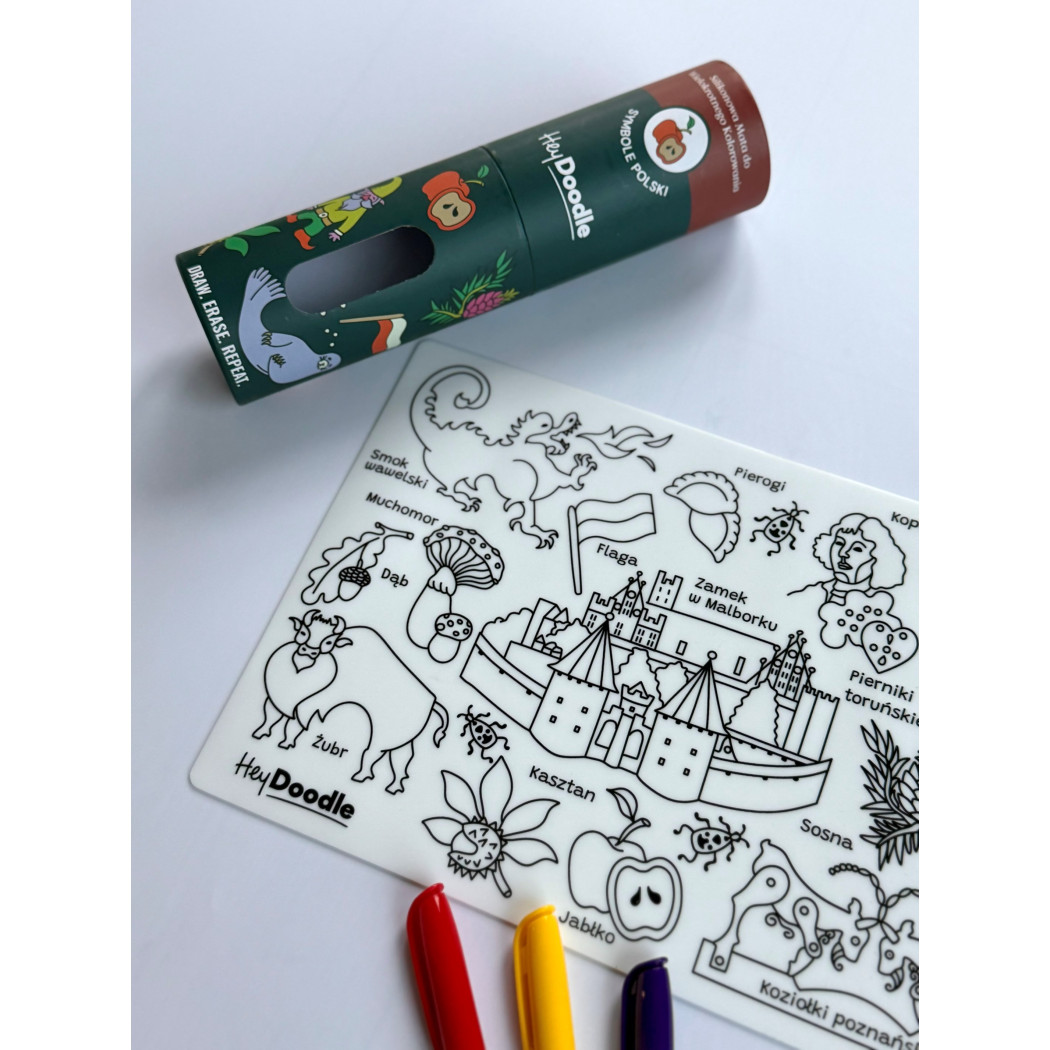 Symbole Polski A4 - Mata do Wielokrotnego Kolorowania i 3 Pisaki - HeyDoodle