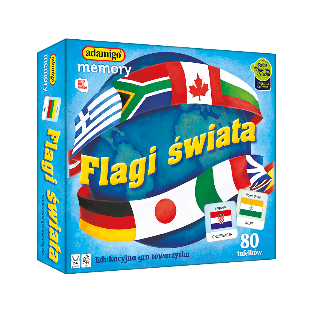Flagi Świata - Edukacyjna Gra Rodzinna Memory Memo - 40 Flag 80 elementów - Adamigo