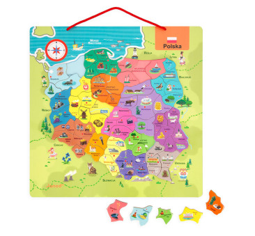 Mapa Polski - Układanka Magnetyczna Puzzle - 69 Magnesów Drewniana Tablica - Janod