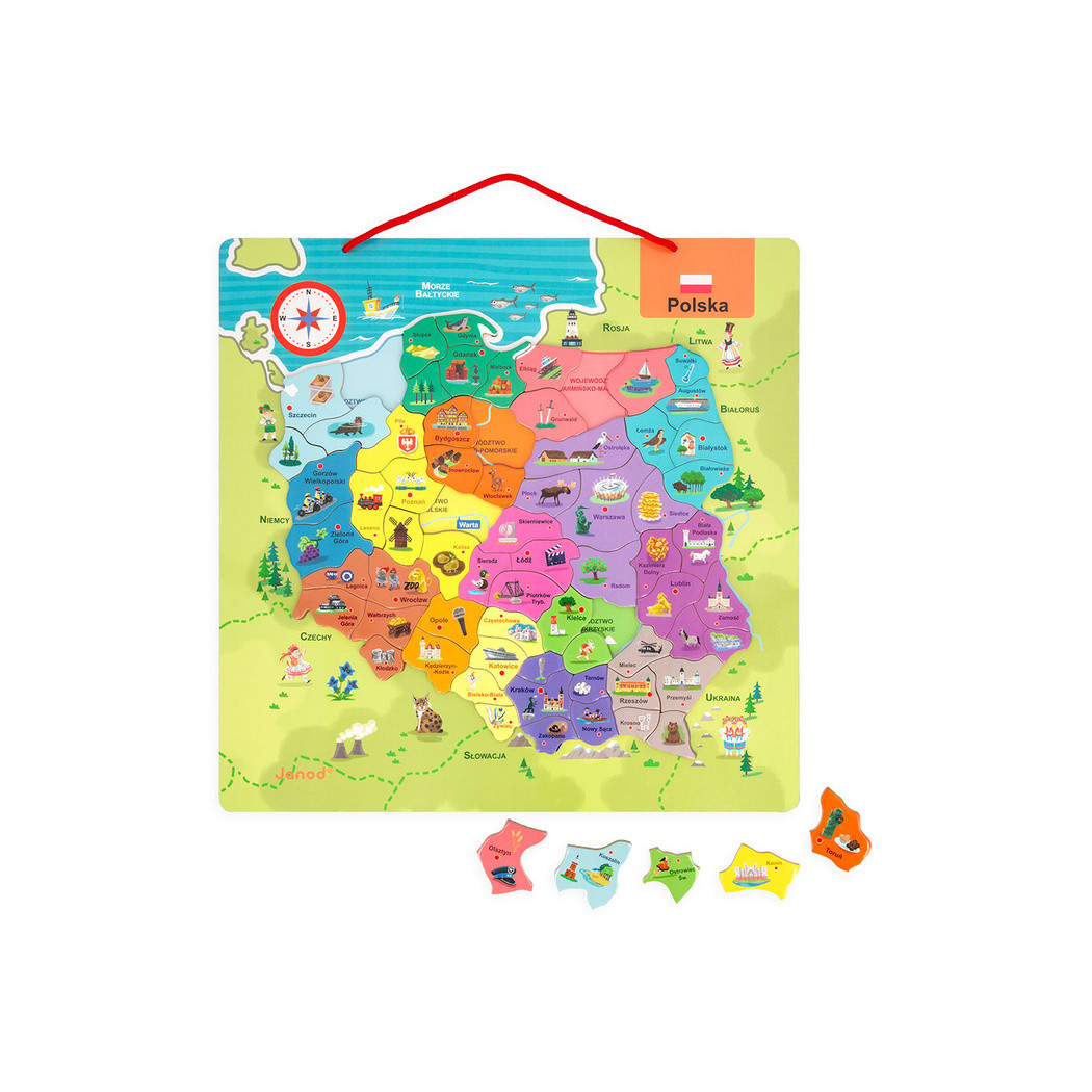 Mapa Polski - Układanka Magnetyczna Puzzle - 69 Magnesów Drewniana Tablica - Janod