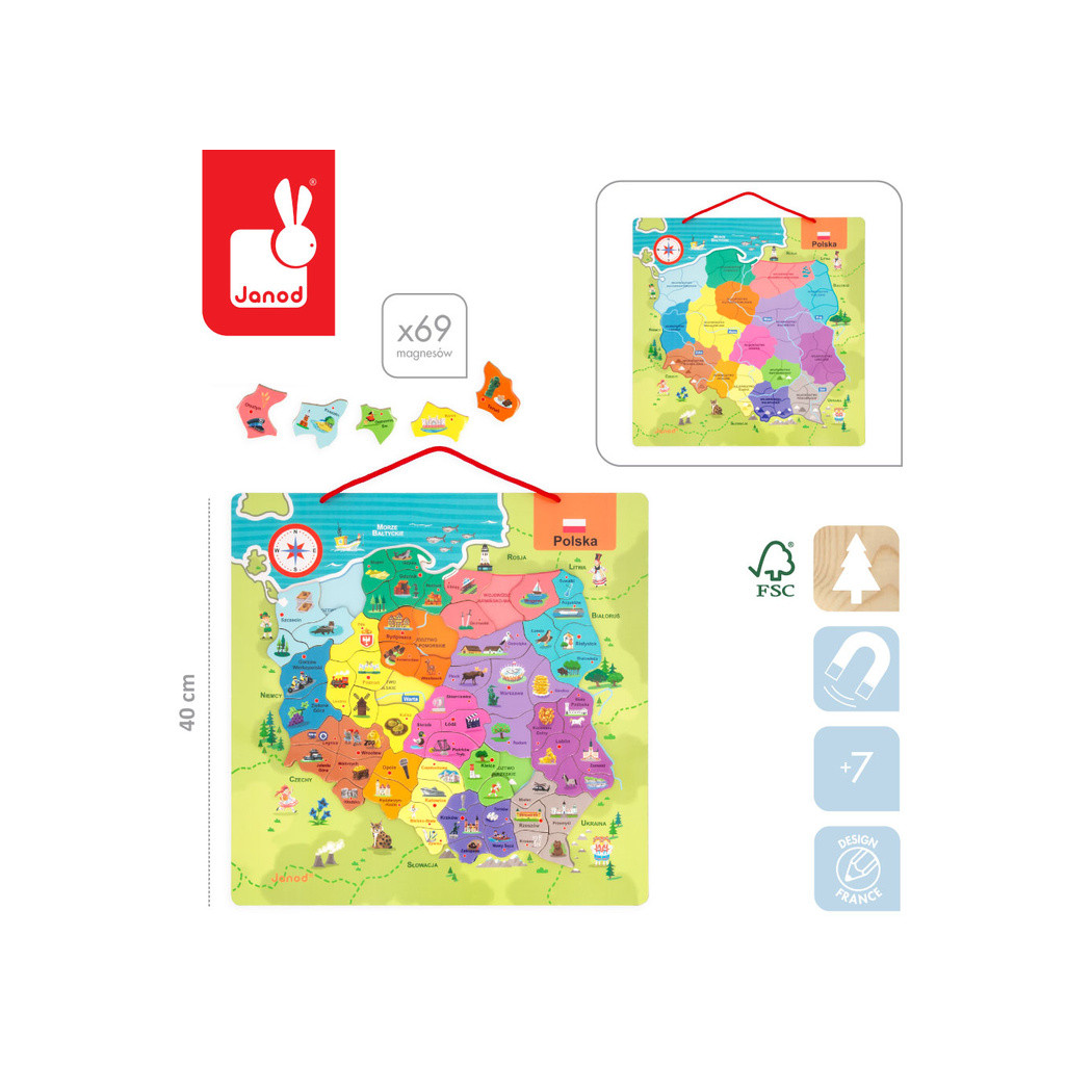 Mapa Polski - Układanka Magnetyczna Puzzle - 69 Magnesów Drewniana Tablica - Janod