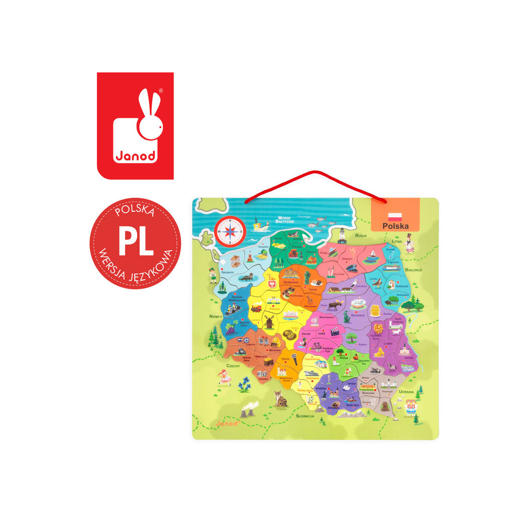 Mapa Polski - Układanka Magnetyczna Puzzle - 69 Magnesów Drewniana Tablica - Janod