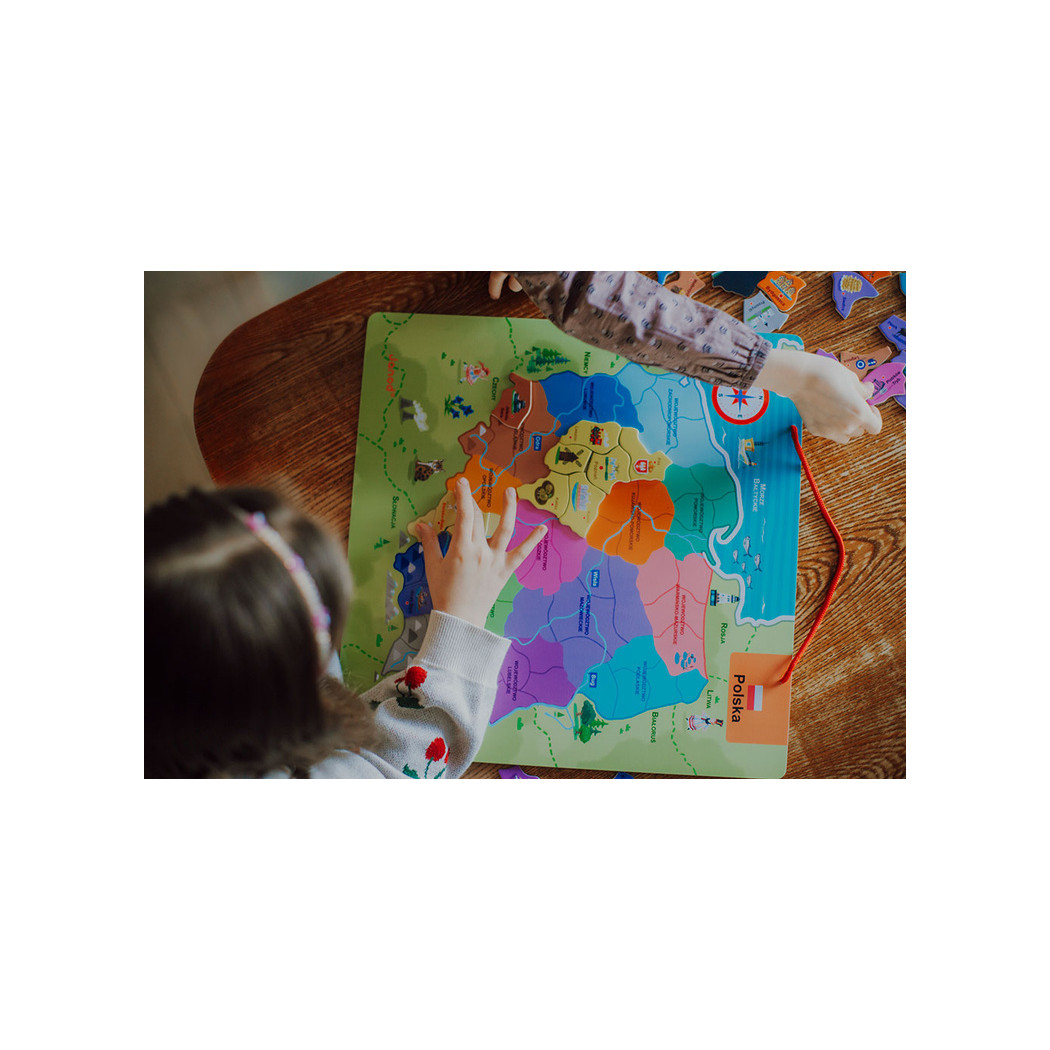 Mapa Polski - Układanka Magnetyczna Puzzle - 69 Magnesów Drewniana Tablica - Janod