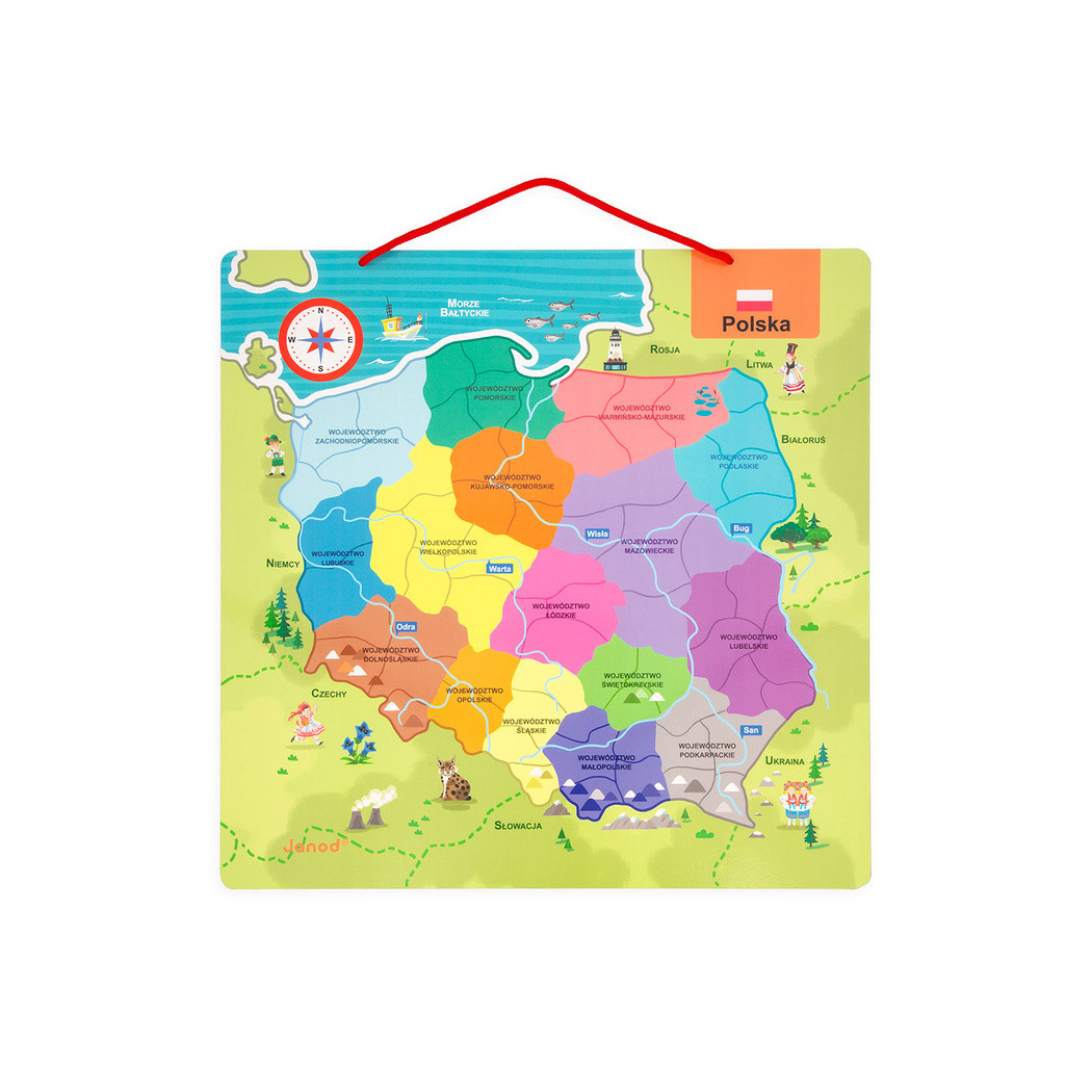 Mapa Polski - Układanka Magnetyczna Puzzle - 69 Magnesów Drewniana Tablica - Janod