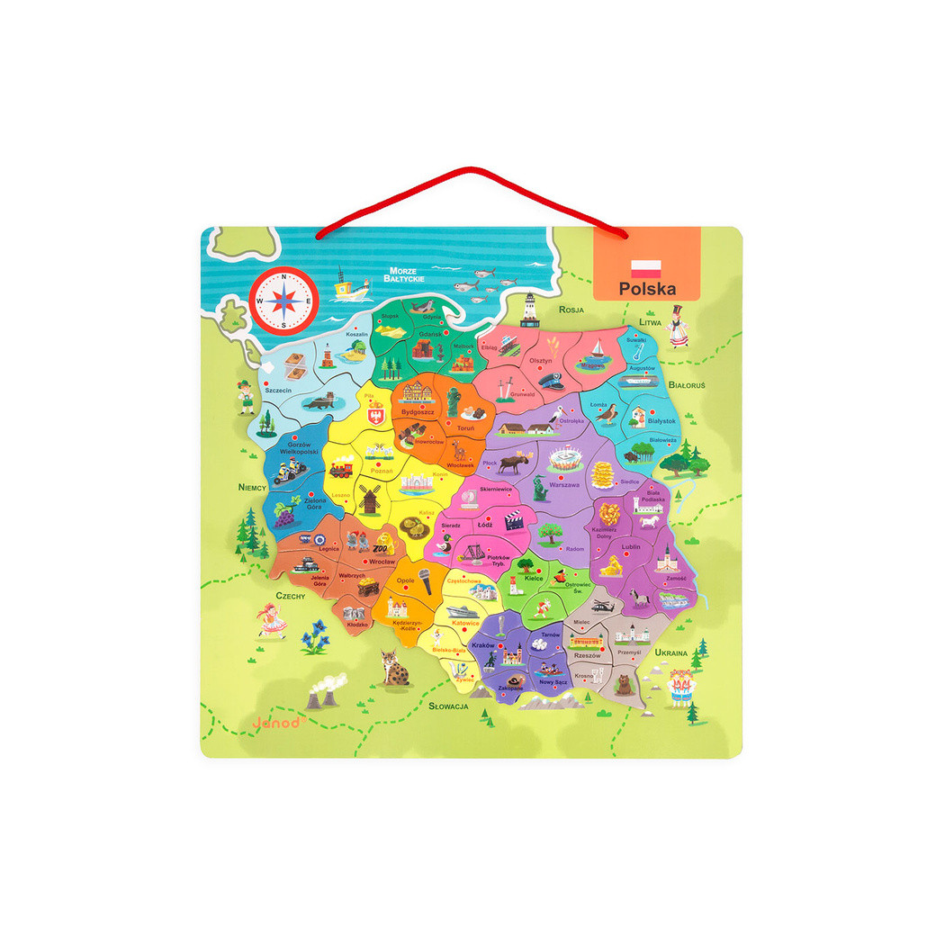 Mapa Polski - Układanka Magnetyczna Puzzle - 69 Magnesów Drewniana Tablica - Janod