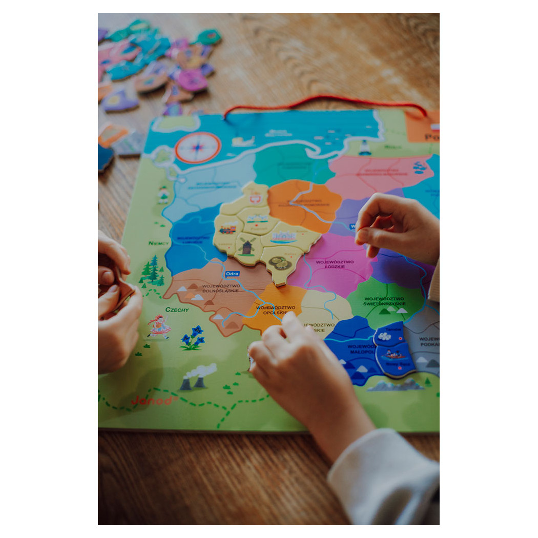 Mapa Polski - Układanka Magnetyczna Puzzle - 69 Magnesów Drewniana Tablica - Janod