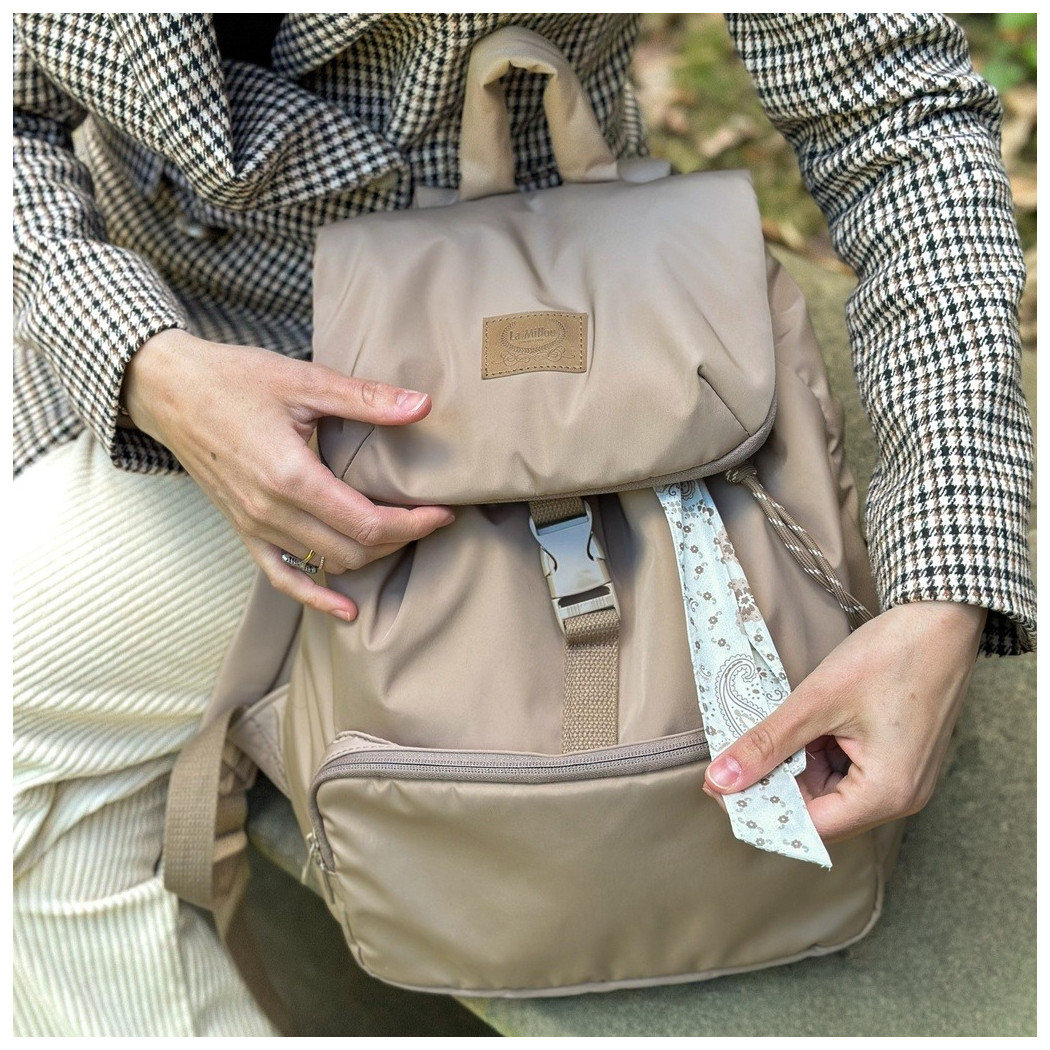 Beżowy Lekki Plecak - Pufiasty Puffer Beige - do Wózka i na co Dzień - La Millou