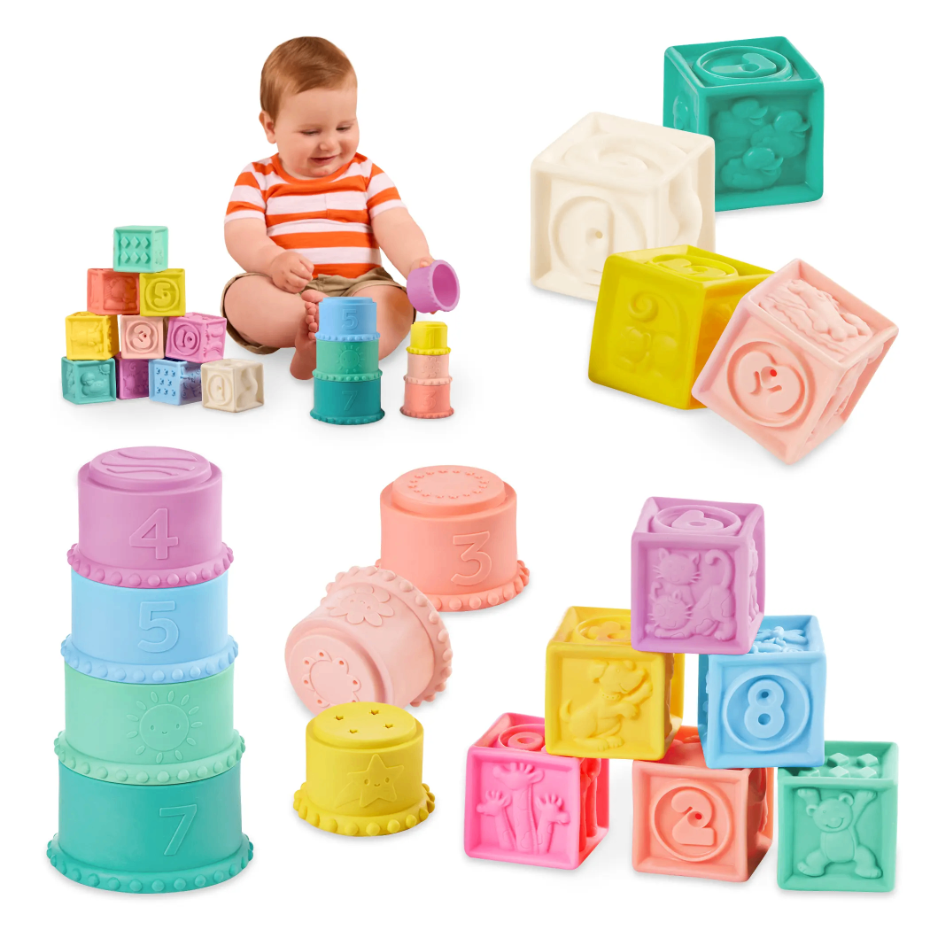 Miękkie Klocki i Kubeczki - Bezpieczne dla Niemowląt - Zestaw Sensoryczny Nakładanie - BTOYS
