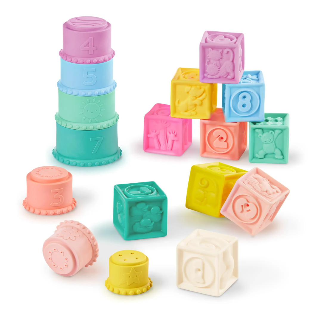 Miękkie Klocki i Kubeczki - Bezpieczne dla Niemowląt - Zestaw Sensoryczny Nakładanie - BTOYS