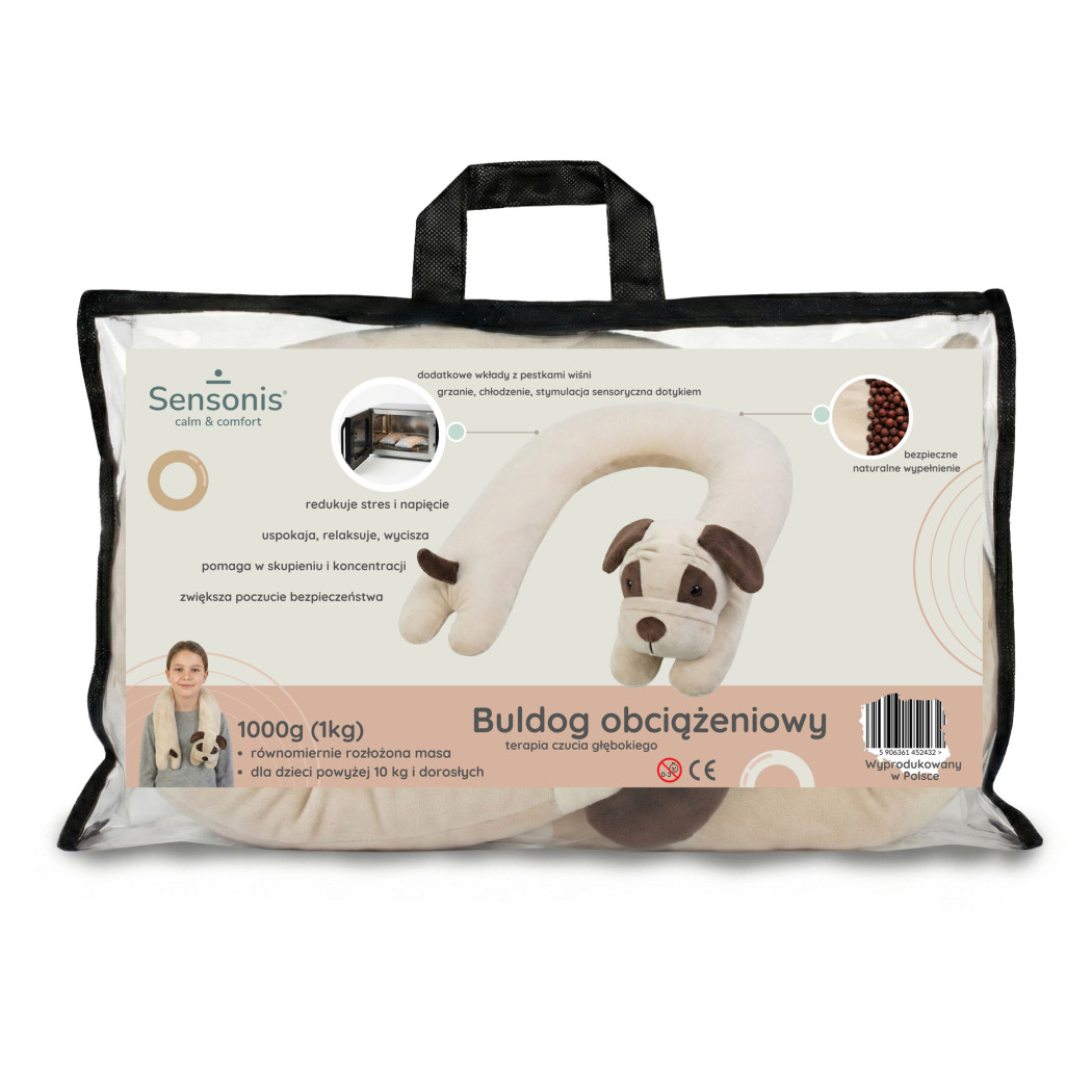 PROMOCJA Buldog 1 kg - Pluszak Piesek Obciążeniowy 1000g / 90 cm - Regulowana Waga - Sensoryczny Stabilizator dla Dziecka - Sens